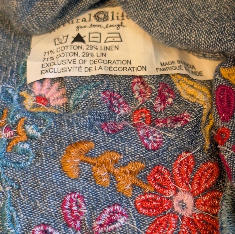 Natural Life Tiered  Chambray Linen Cotton Mini Dress Size L Embroidered - Picture 5 of 9